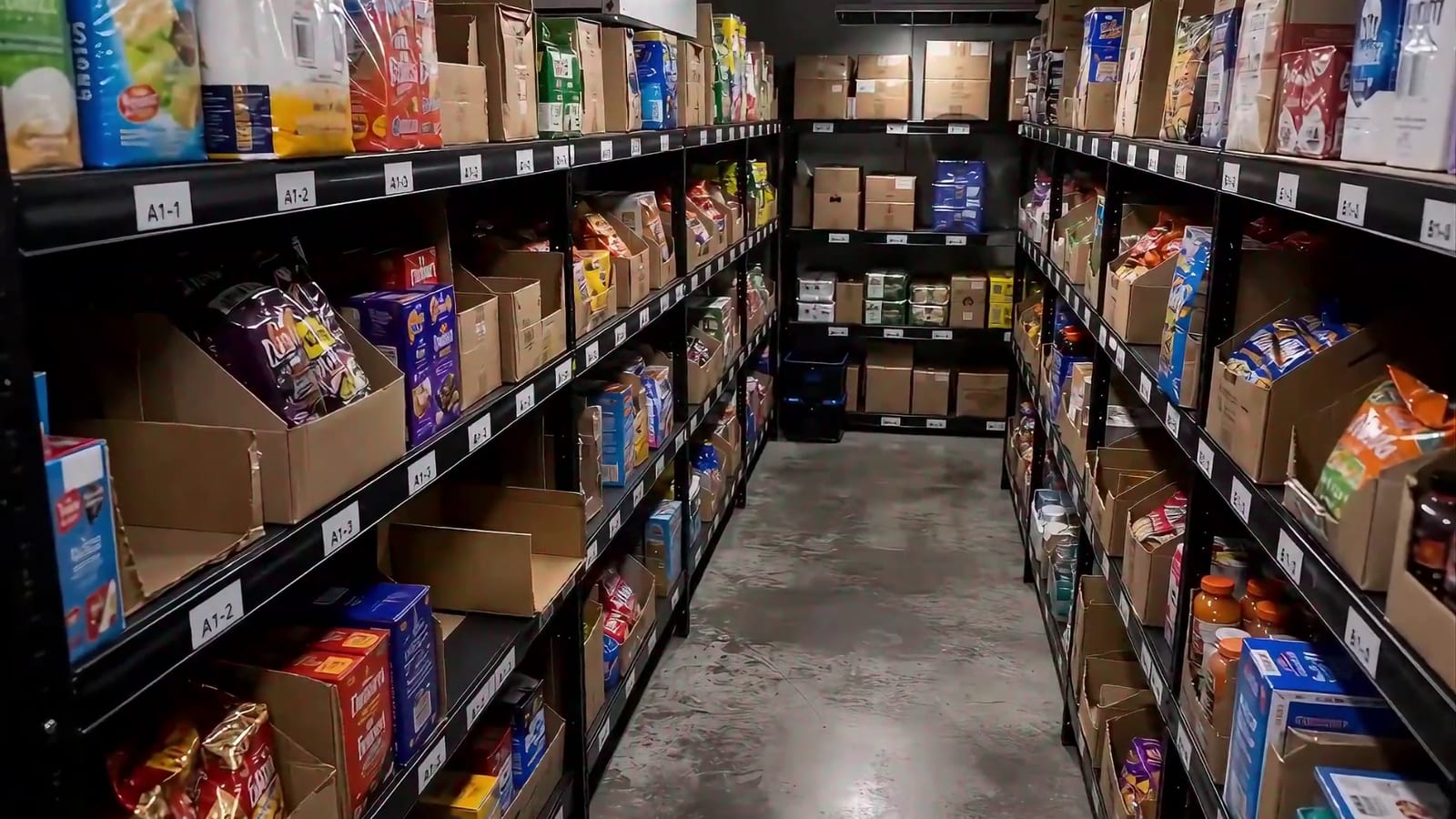 Stocked shelves inside a Q-Shelf darkstore
